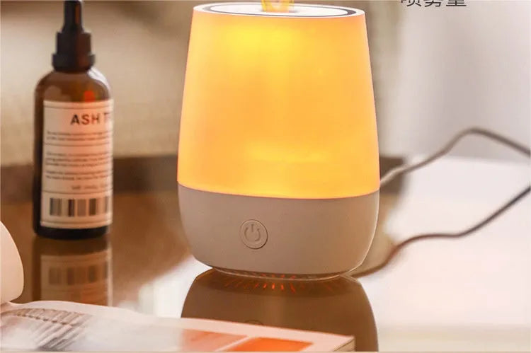 White USB-powered aromatherapy diffuser with flame effect and compact design