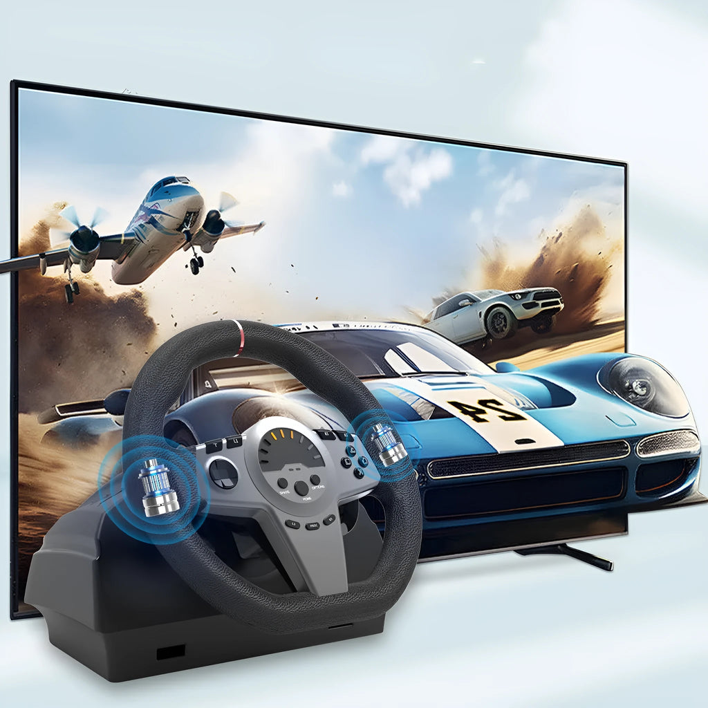 Black multi-platform gaming steering wheel with two pedals, vibration feedback and LED display