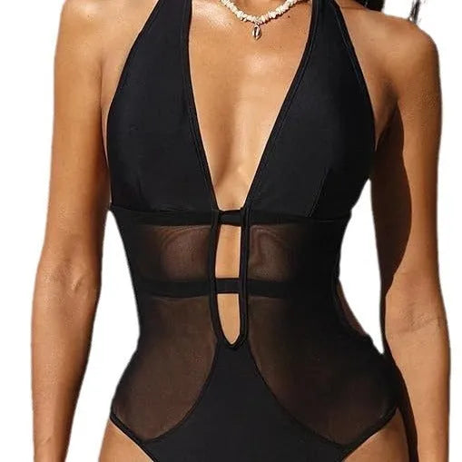 Black women's one-piece swimsuit with v-neck, hanging neck detail and mesh panels