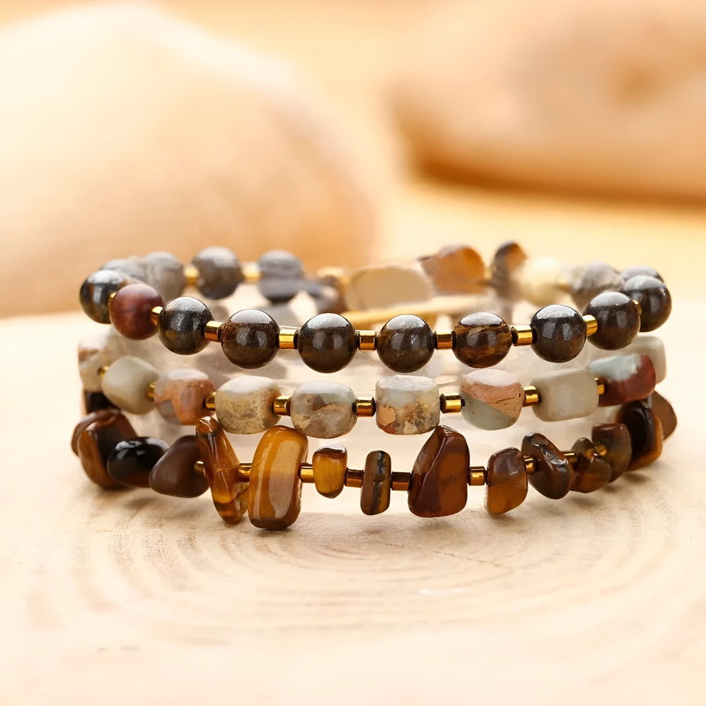 Brown Tigereye stone and bronze geometric bracelet with manual craftsmanship details