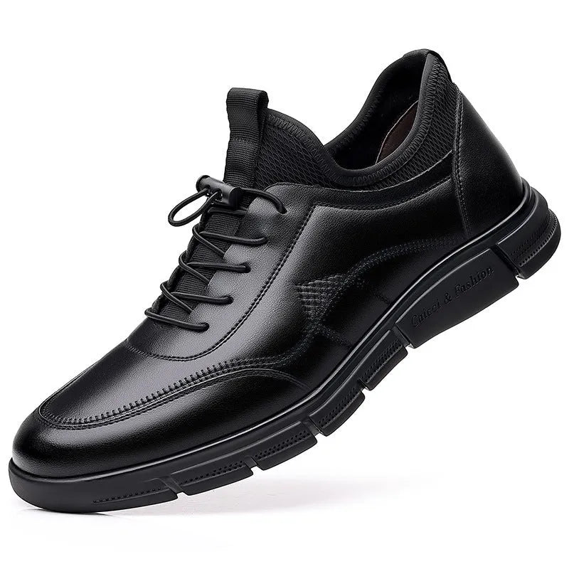 Men's black leather casual shoes with square heels and rubber soles