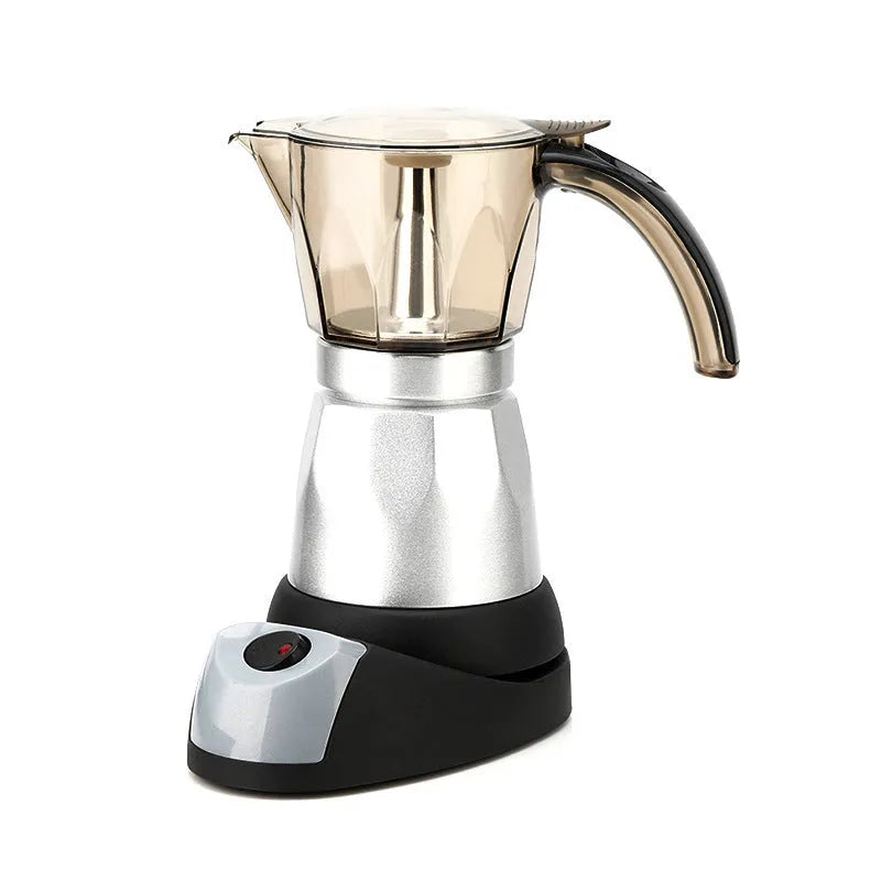 Octagonal electric Moka Pot coffee maker in aluminium construction with colour options including blue, green, red, silver and yellow