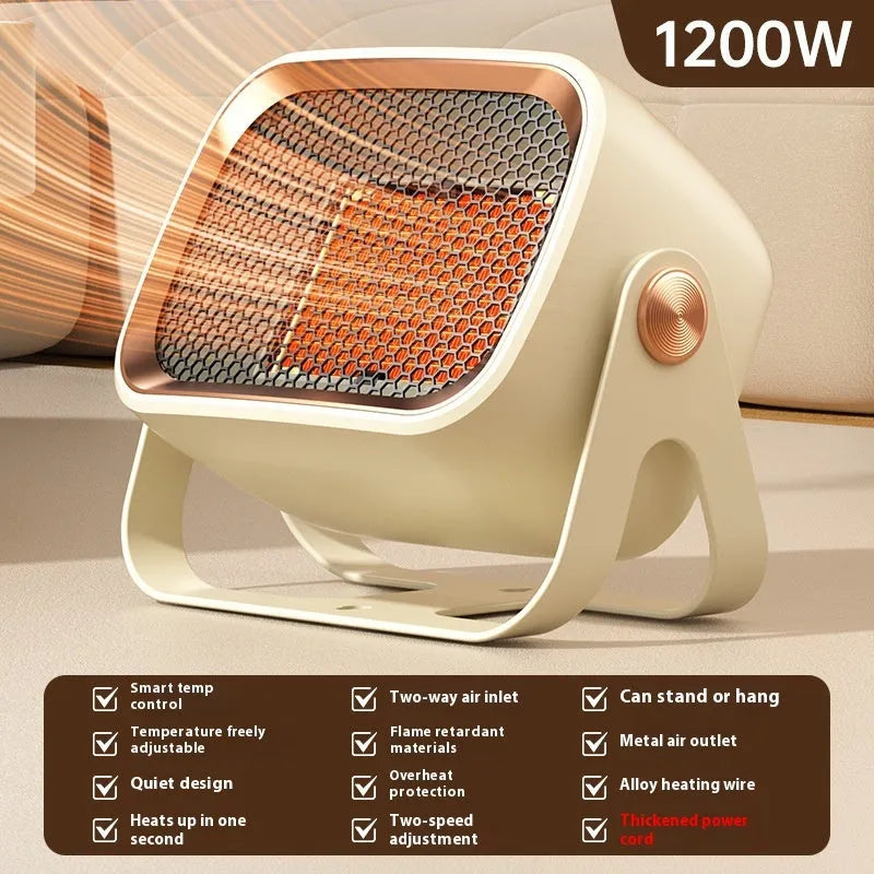 Compact white desktop ceramic heater with control buttons and air vent