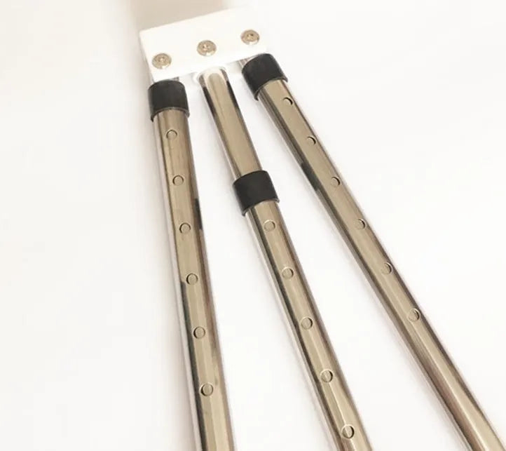 Cross fork lacing artifact leg stretcher with two extension bars, centre handle, and soft foam grips in black