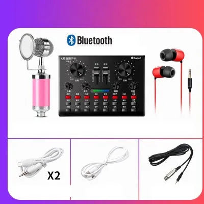 Universal condenser microphone with V8S sound card, earphone, optional handheld or bottle mic, black pink silver colours
