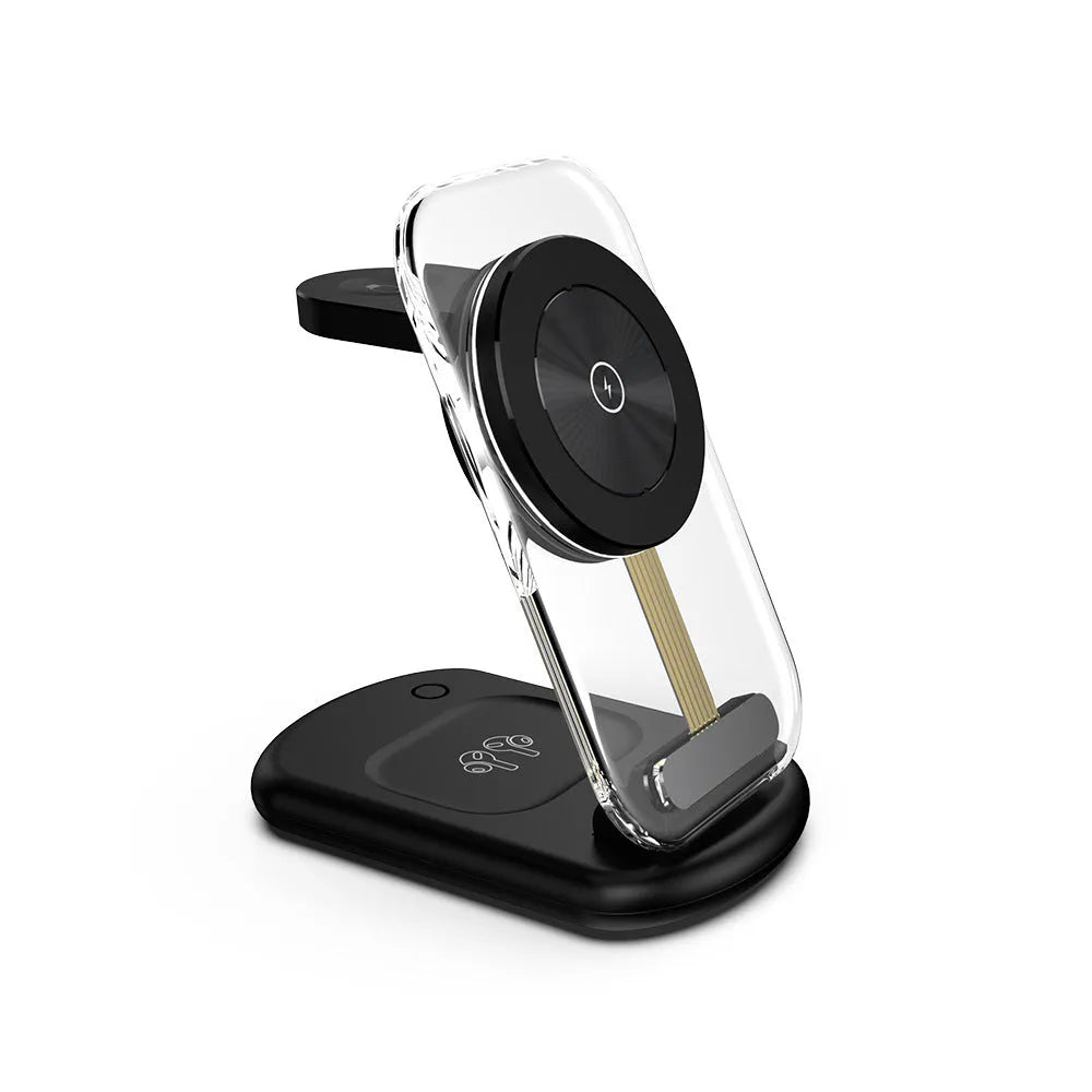 Transparent folding 3-in-1 magnetic wireless charger in black on a desk