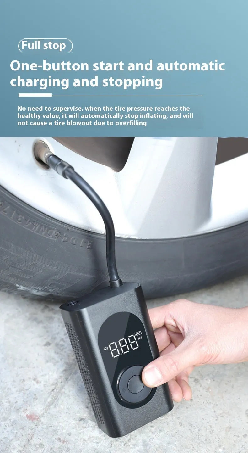 Portable wireless tyre pump with power bank and flashlight for car motorcycle bicycle inflation