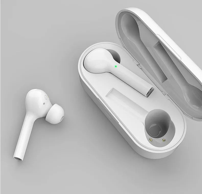 Black and white wireless Bluetooth earbuds with touch controls and charging case