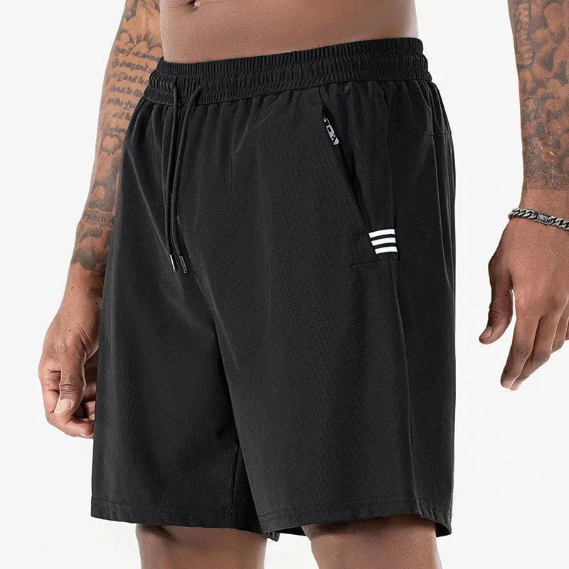 Men's black ice silk quick-drying sports shorts with drawstring waist and cropped length