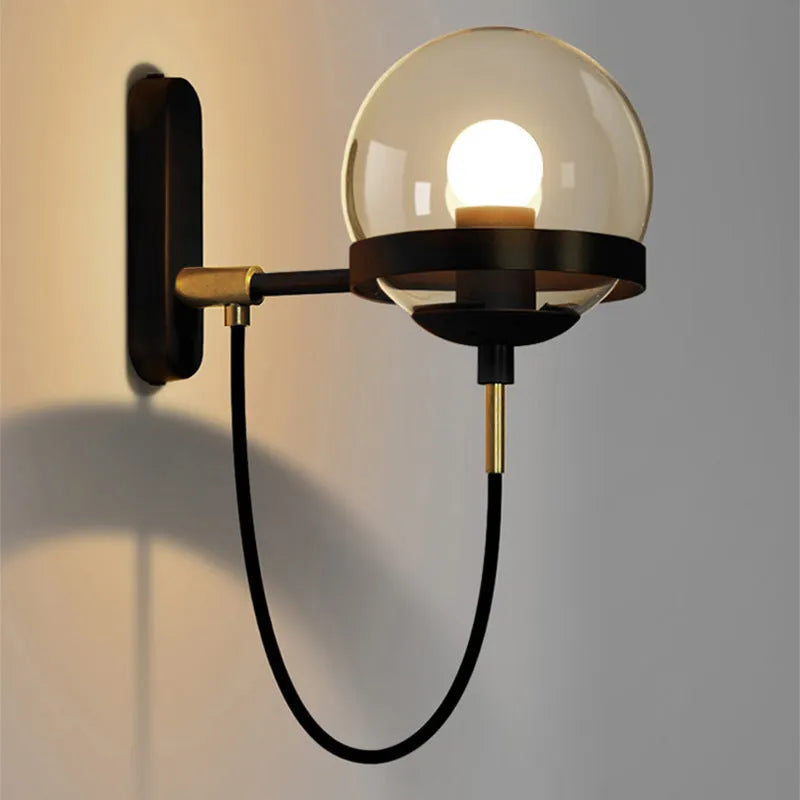 Modern retro wall lamp with glass shade in Nordic postmodern style, black finish, push button switch