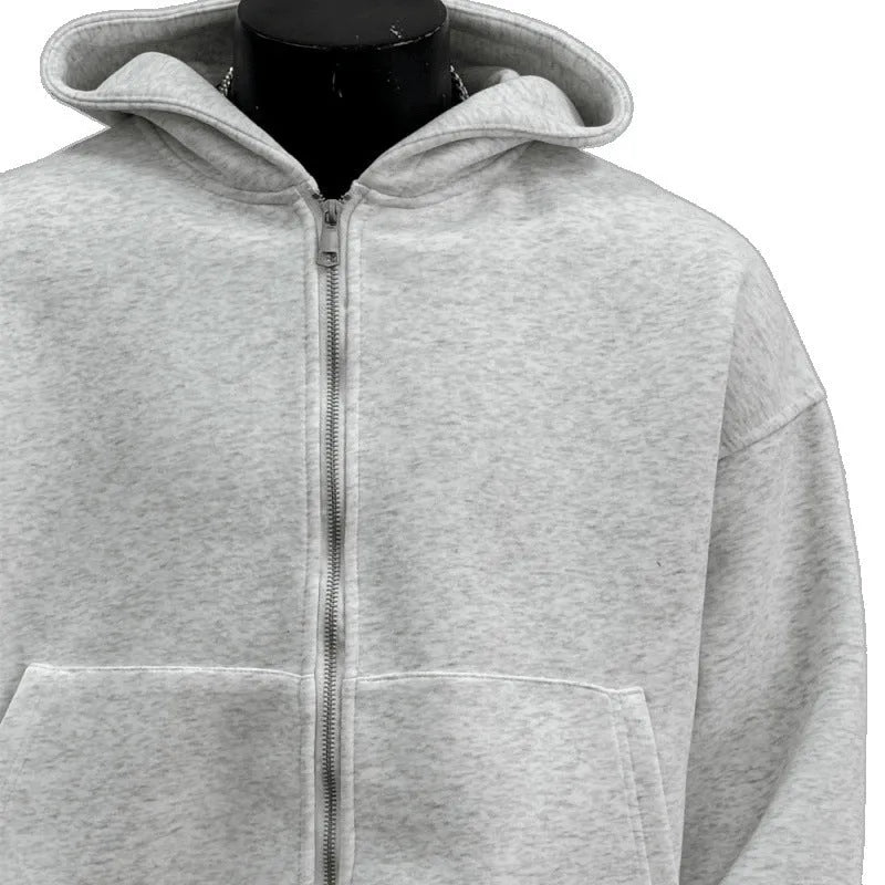 Men's grey hoodie jacket with back schoolbag design detail showing front and back views