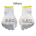 White PU coated work gloves with breathable cotton backing, shown in sizes L and M.