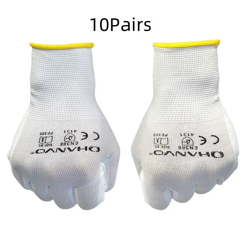 White PU coated work gloves with breathable cotton backing, shown in sizes L and M.