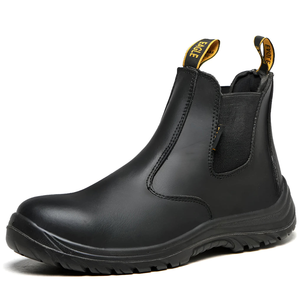 Black leather high-top safety work boots with anti-piercing soles on a white background