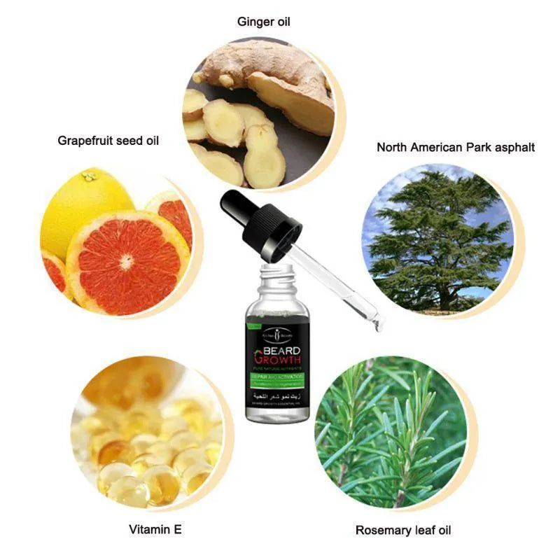 Bottle of natural beard growth essential oil for men, moisturises and conditions facial hair