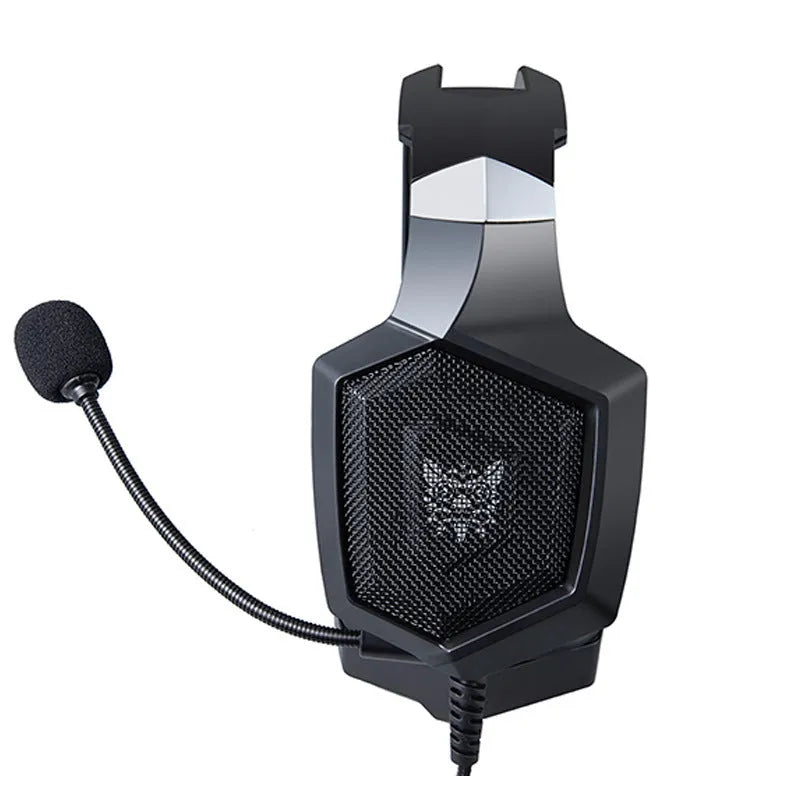 Black luminous wired gaming headset with 3.5mm plug on a desk for PC gaming