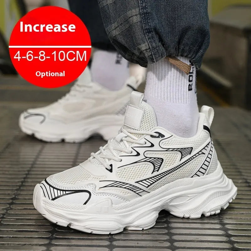 Men's white mesh height increasing casual shoes with front lace-up and rubber EVA PU sole.