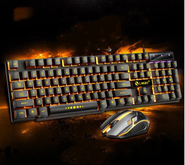 Limei Gtx300 backlit gaming keyboard and mouse set in multiple colour options on a desktop