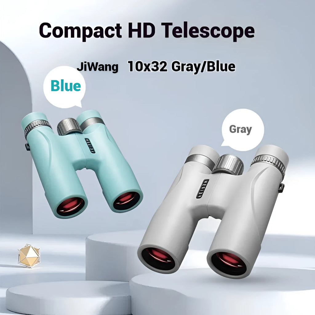 Blue 10x32 plastic binoculars with wine red film lenses showing 96m field of view specification.