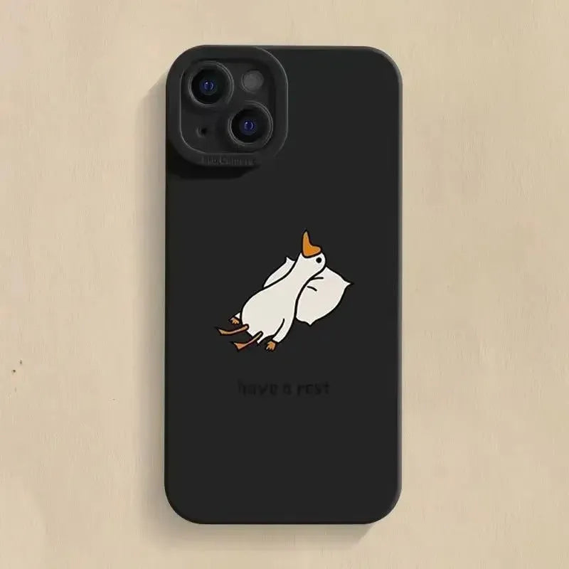 Black silicone iPhone case with a carved cartoon duck design on the back
