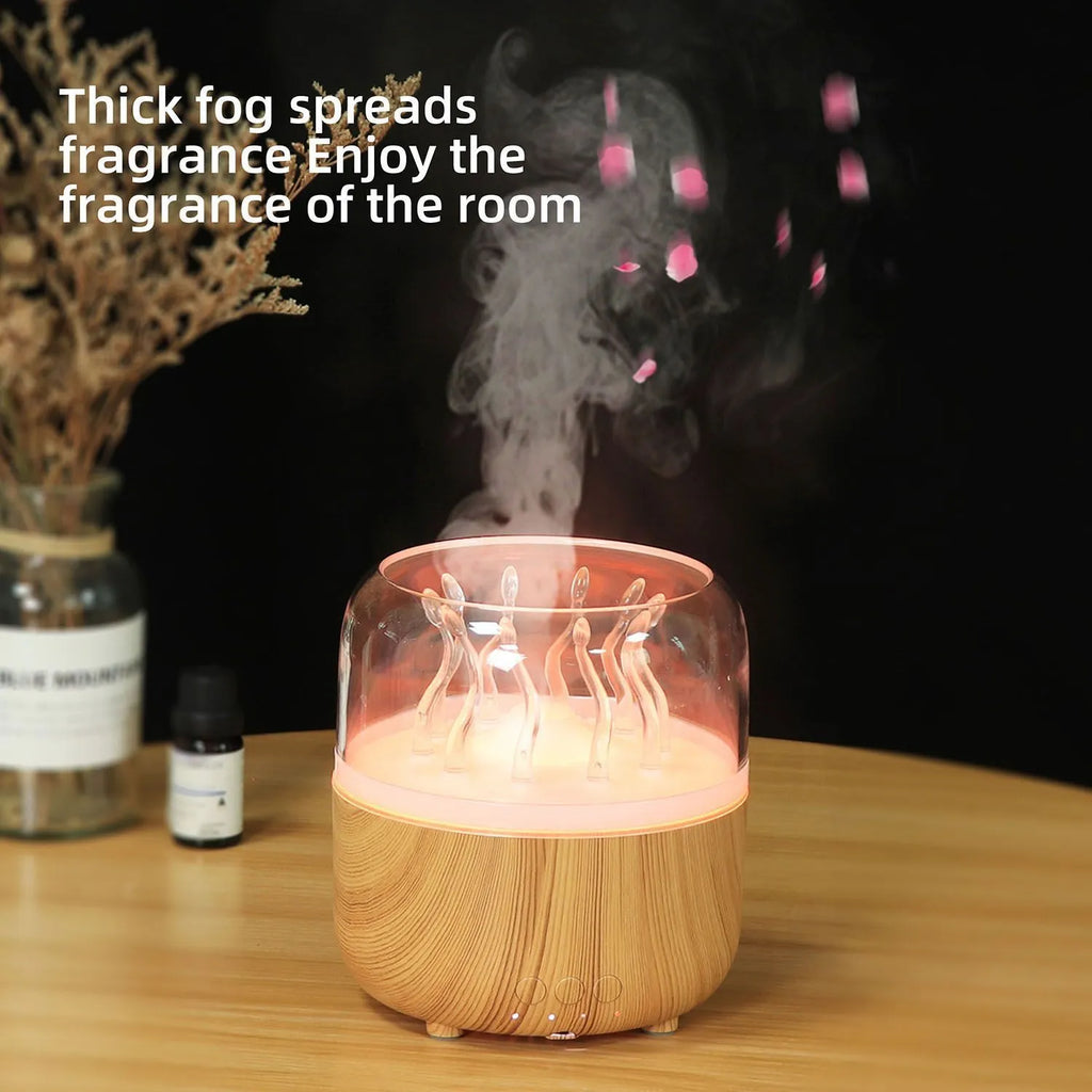 Wood grain rotating spray jellyfish ambience light humidifier with aromatherapy, black colour, on desk