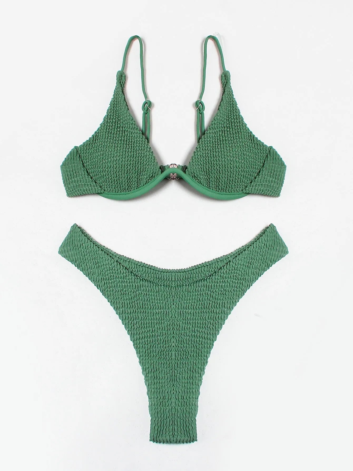 Green women's bikini with ruffle detail on quick-dry polyester fabric.