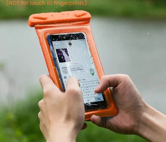 A coloured waterproof phone pouch with a neck rope, shown on a blue background.