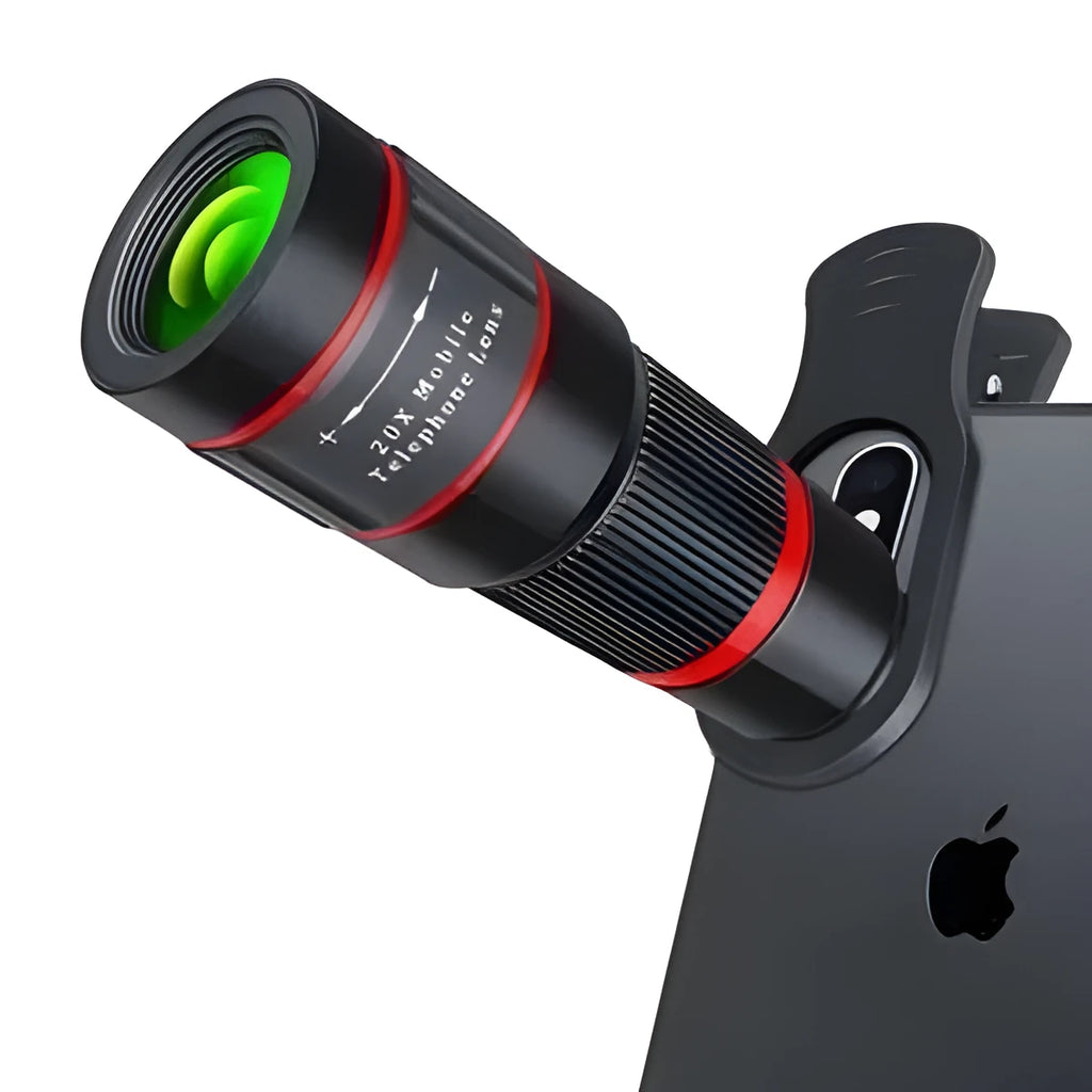 20x magnification cell phone telescope lens with universal clip and single eye mask on a smartphone.