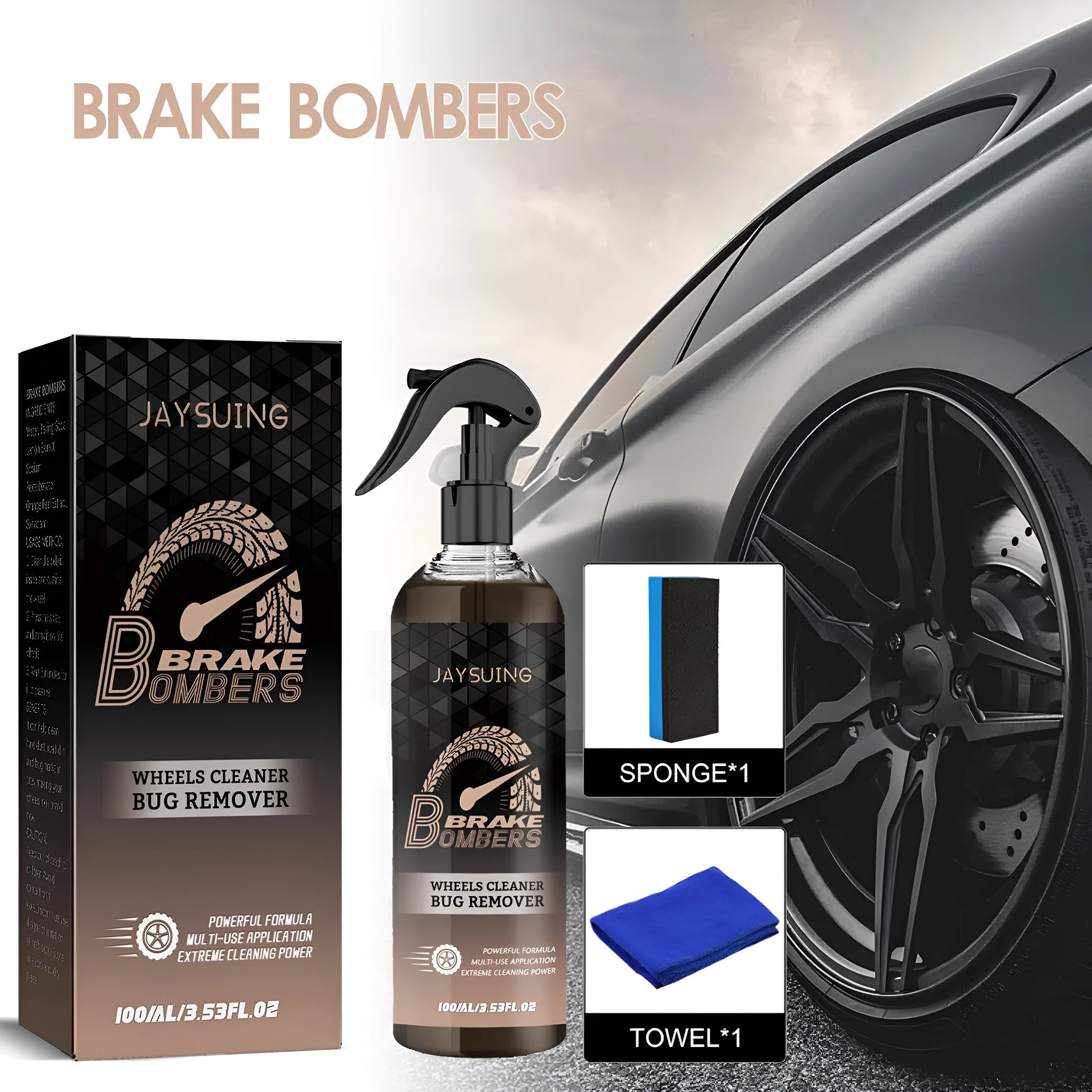 Car brake cleanser kit with 100ml bottle, application sponge and cleaning cloth for disc maintenance