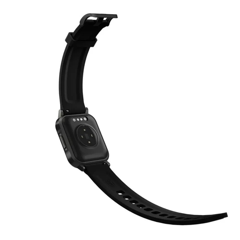 Black waterproof smart bracelet with 1.4 inch screen and silicone strap on a wrist