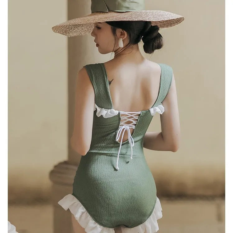 Korean style high-waisted one-piece swimsuit in quick-dry polyester fabric