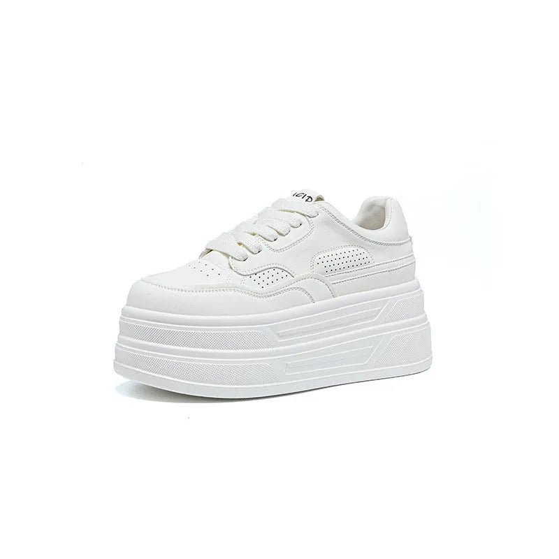 Women's beige platform casual shoes lace-up round toe low top with 6-8cm high heel