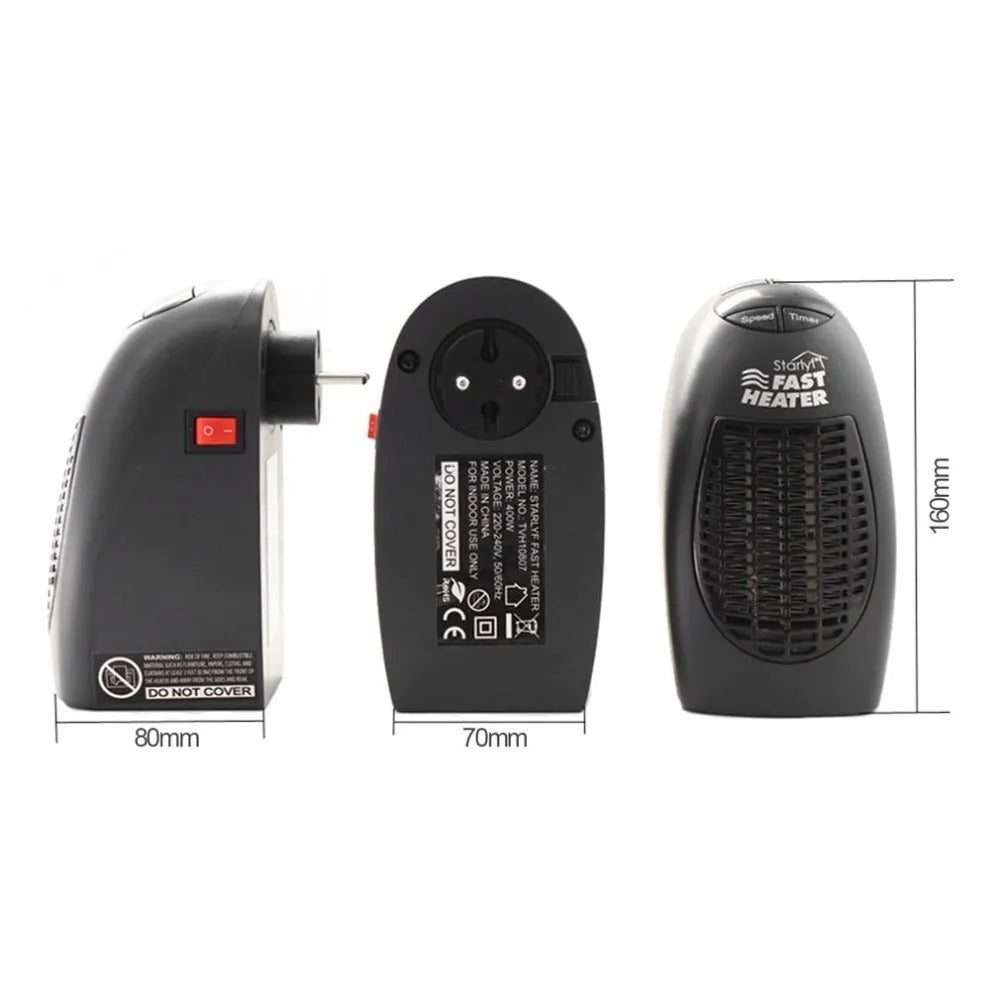 Black compact ceramic electric heater with digital display and a rotating three-pin plug.