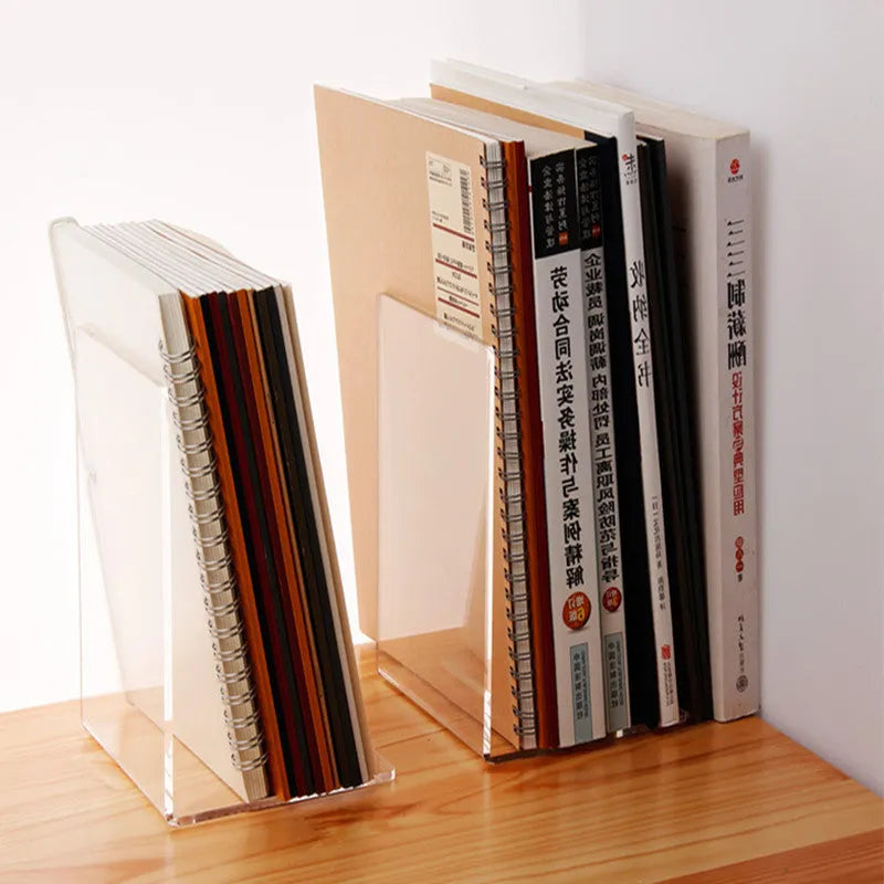 Clear transparent acrylic bookshelf displaying books on desk with smooth edges and minimalist design