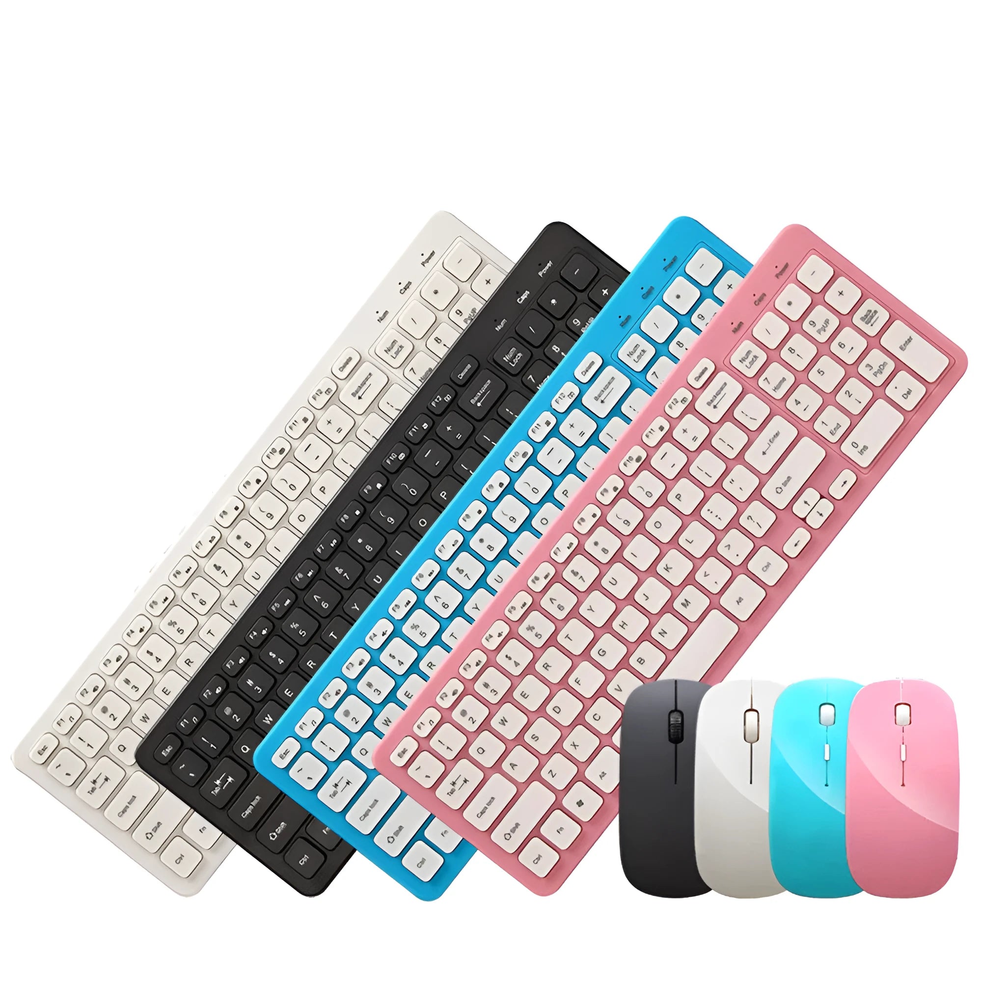 Black, white, pink, and blue wireless keyboard and mouse set with a micro USB receiver on a desk.