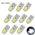Pack of ten T10 wedge base LED bulbs for cars in seven different colours on a white background
