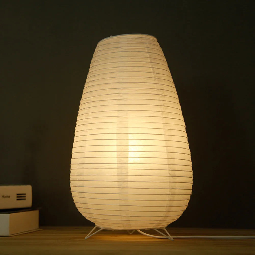 White handcrafted rice paper table lamp with plug, shown in circular and rectangle shape options.