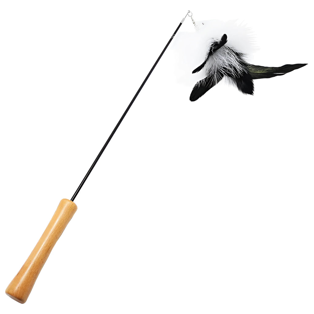 Cat toy funny cat stick with wooden handle, 80cm flexible rod, and black and white fur replacement heads