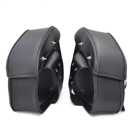 Black PU leather motorcycle saddlebags for left and right side storage, 28x18x12cm on a cruiser bike