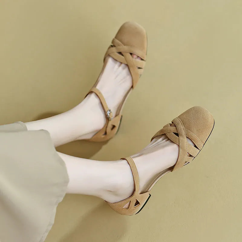 French style retro Roman sandals with buckle closure in apricot and green colours