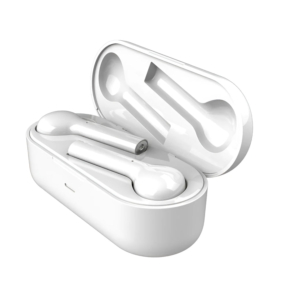 Black and white wireless Bluetooth earbuds with touch controls and charging case