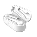 Black and white wireless Bluetooth earbuds with touch controls and charging case