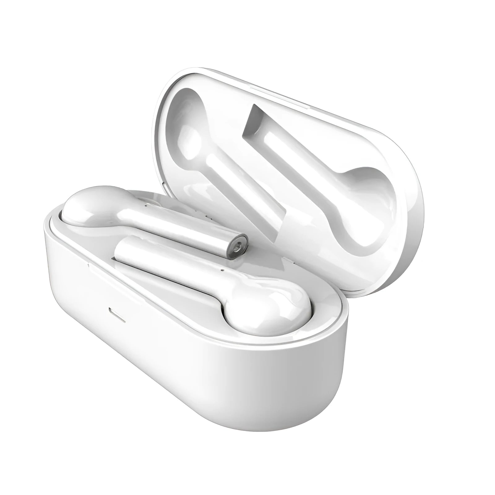 Black and white wireless Bluetooth earbuds with touch controls and charging case