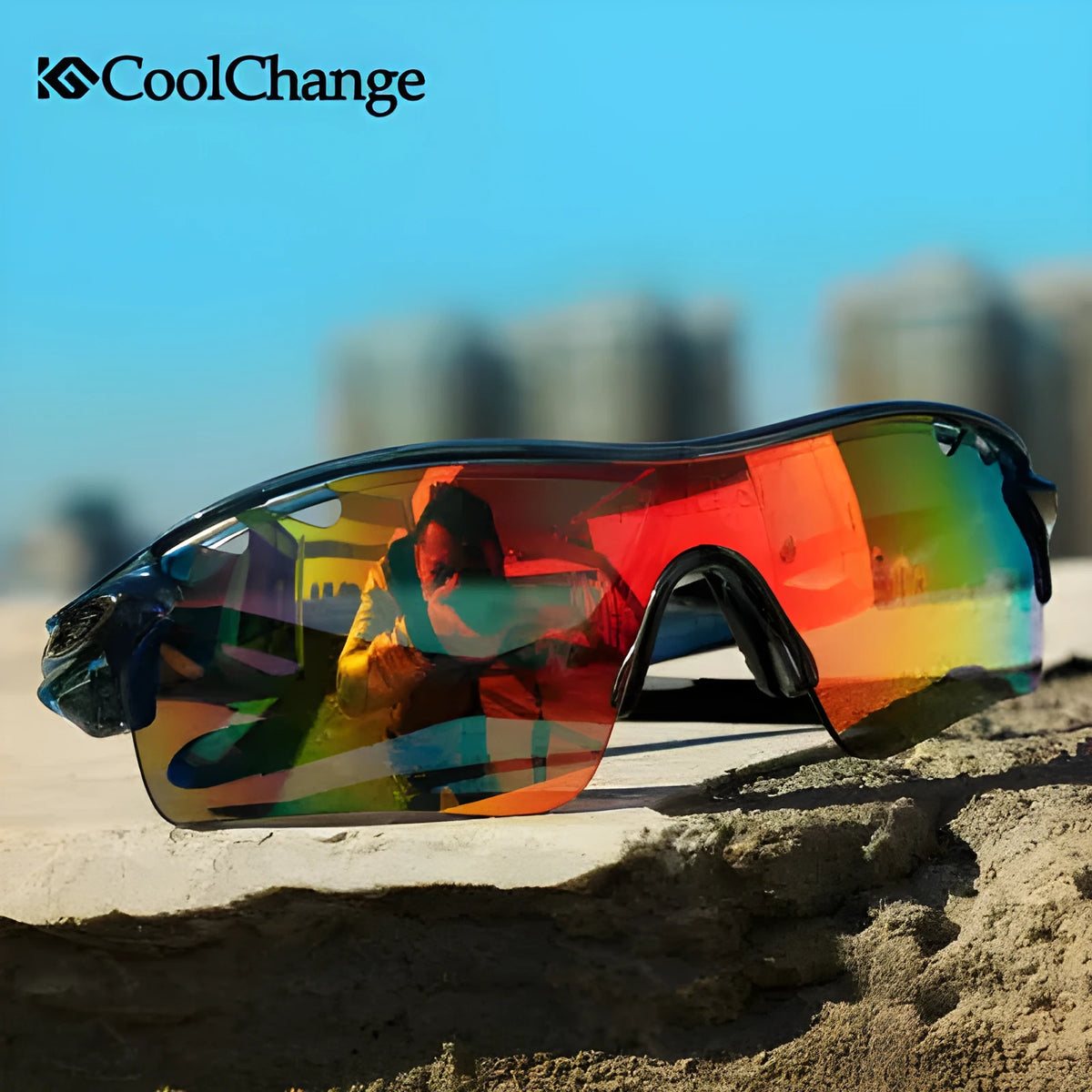 Polarised cycling glasses for myopia wearers, wind-resistant unisex bike eyewear in grey, red, and yellow