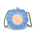 Hand-woven crochet bag with wool flowers in round suitcase shape with cotton lining