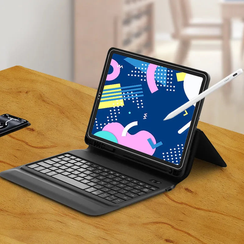 Black ultra-thin flip-style Bluetooth keyboard case open, showing keyboard and iPad slot.