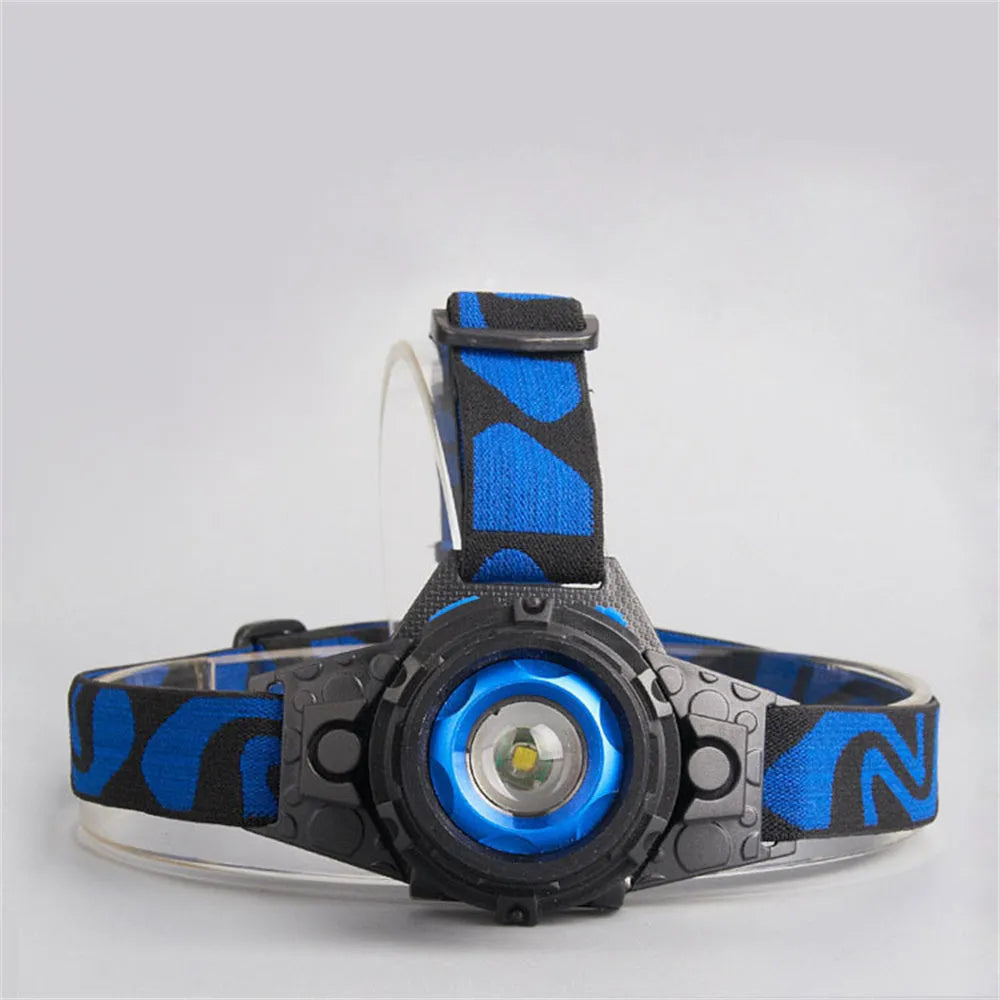 Blue aluminium alloy rechargeable LED headlamp with headband and focusing XPG light