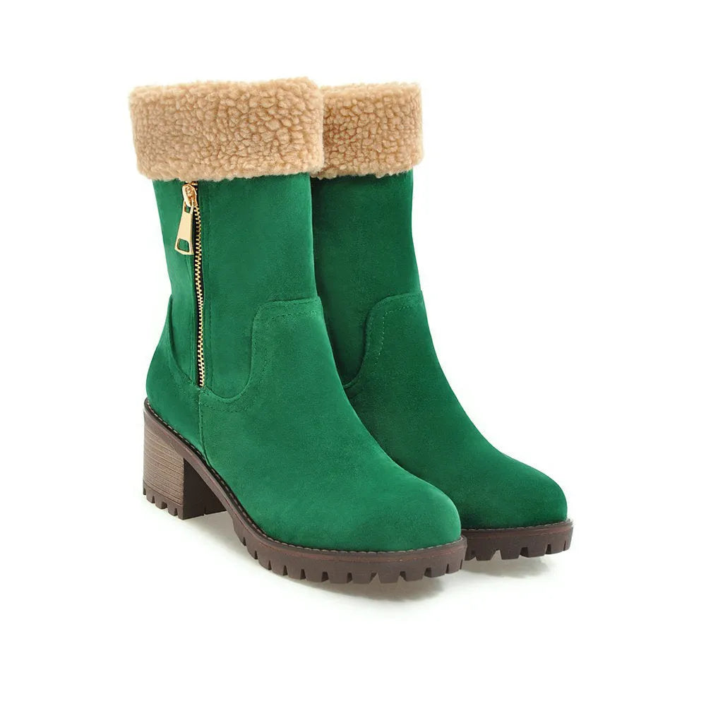 Snow boots with a plush lining and rubber insole in black, grey, green, and orange