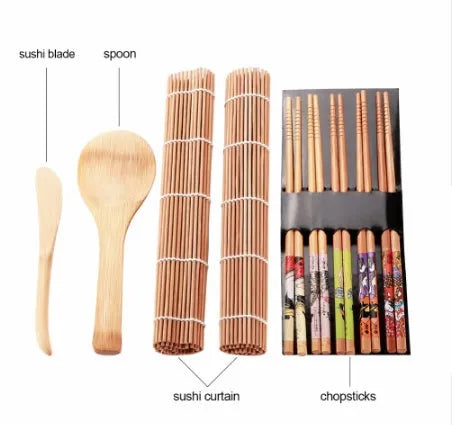 Sushi tool set with bamboo rolling mat and white plastic rice paddle for home sushi making