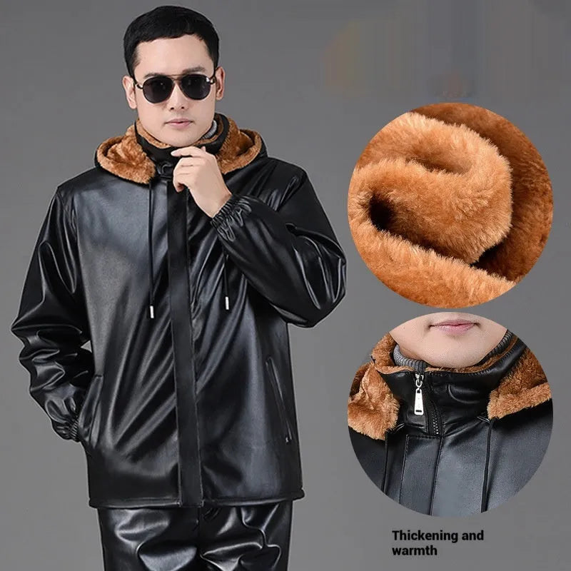 Men's fleece-lined thickened PU leather winter coat, loose wide fit, 65cm medium length, thickened top colour